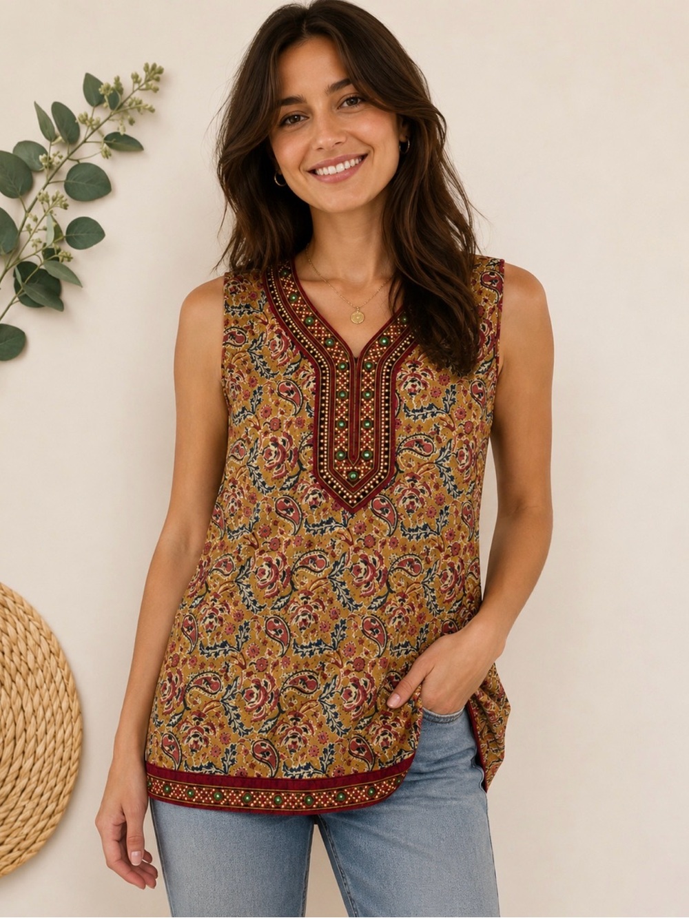 Boho Made in India Embellished Floral Paisley Tunic Top Size L